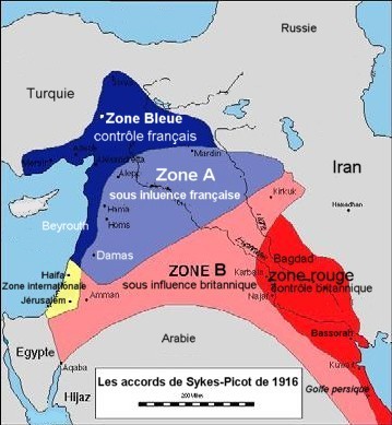 Carte de partage des zones de contr&ocirc;le- Sykes-Picot 1916